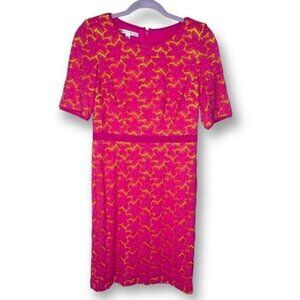 Maggy London Size 8 Short Sleeve Pink Yellow Lace Stretch Sheath Dress Barbie